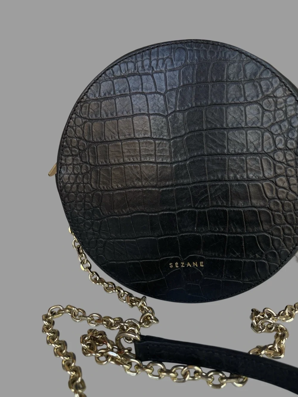 SEZANE Black Croc Embossed Leather Round Circle Crossbody Bag w/ Chain Strap